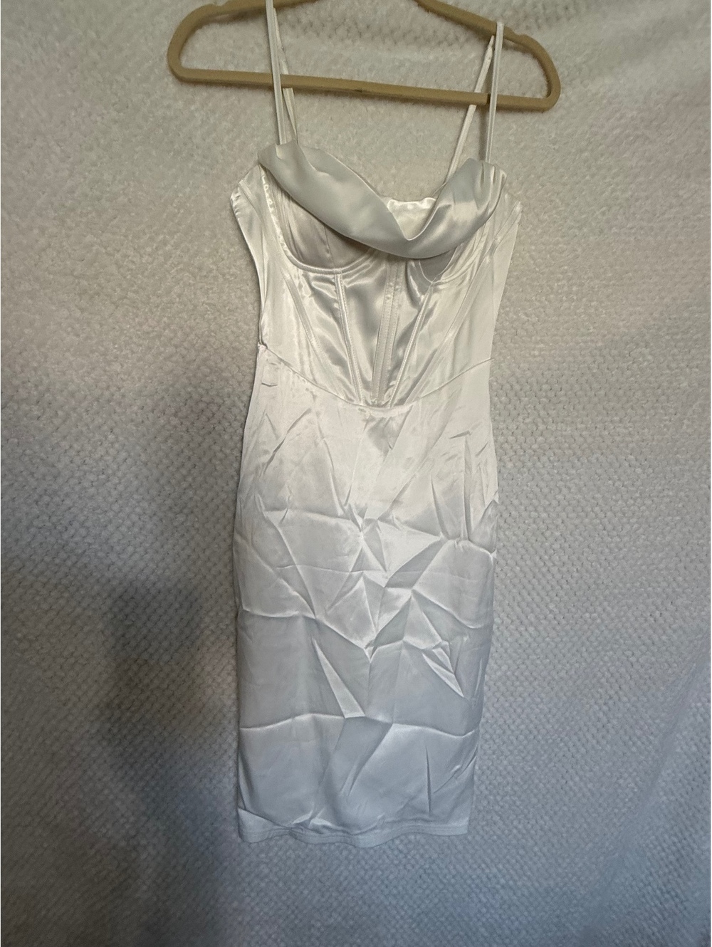 White Satin Slip Dress with Cowl Neck and Spaghetti Straps